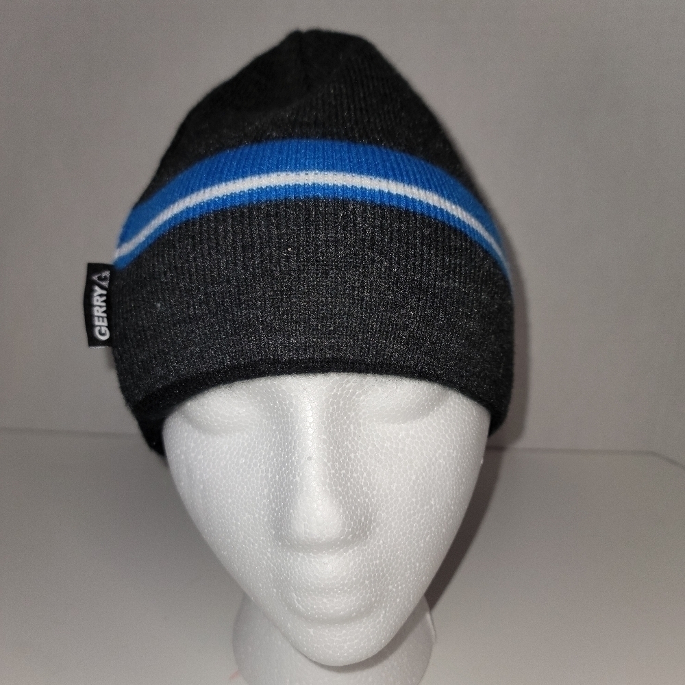 Gerry Beanie Winter Hat Skull Cap Gray Blue Black Striped Acrylic OSFA Warm